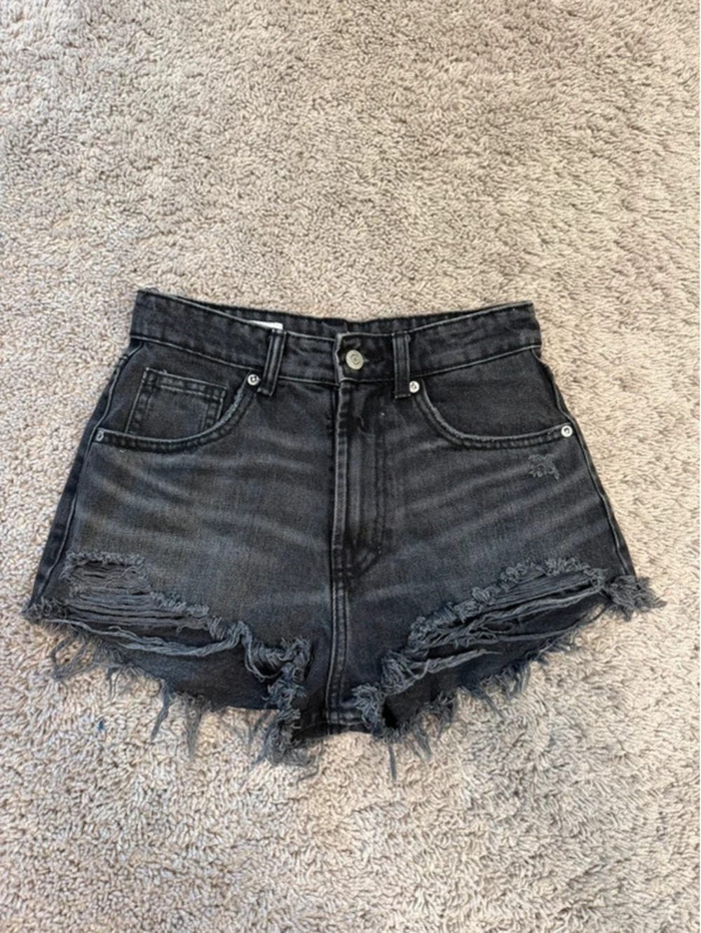 Zara Distressed Denim Shorts Size 2 Black High Rise Ripped Frayed Cutoff